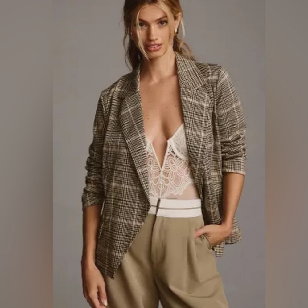 NWT Anthropologie Maeve Collegiate Knit Blazer Black Motif Size L